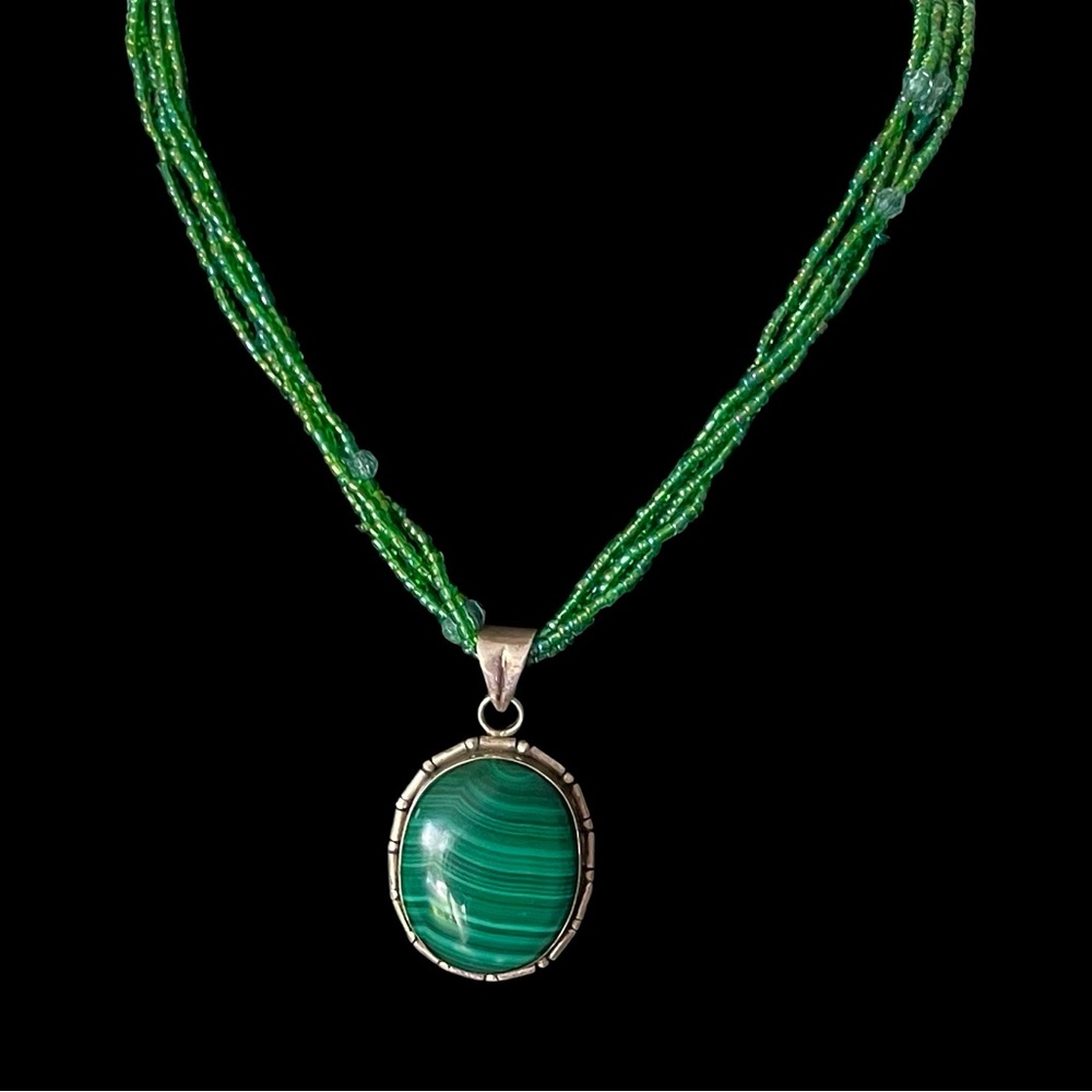 Green Beaded Malachite Pendant Necklace - Women Jewelry